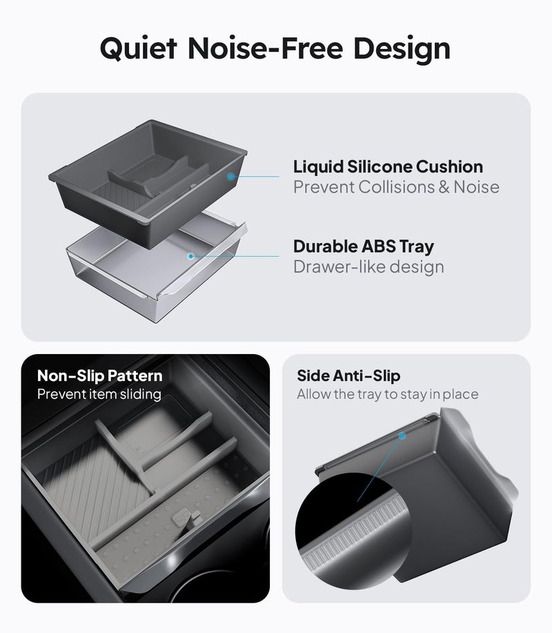 Wigoo Tesla New Model Y Juniper & Model 3 Center Console Organizer [Double Layer Space, Slide smoothly] Model 3 (2024~2025)/New Model Y Juniper Accessories, 4PCS Grey - Image 5